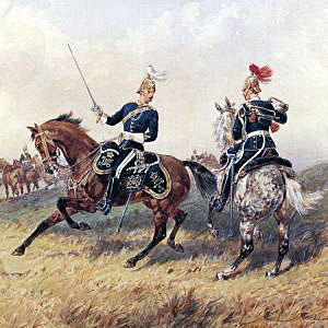 6th Dragoon Guards, Carabiniers, in Home Service Uniform: Battle of Paardeberg on 27th February 1900 in the Great Boer War: picture by Orlando Norie