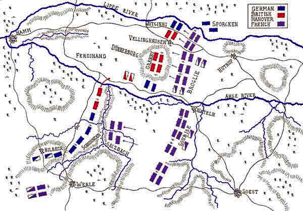 Map of the Battle of Vellinghausen on 15th July 1761 in the Seven Years War: map by John Fawkes