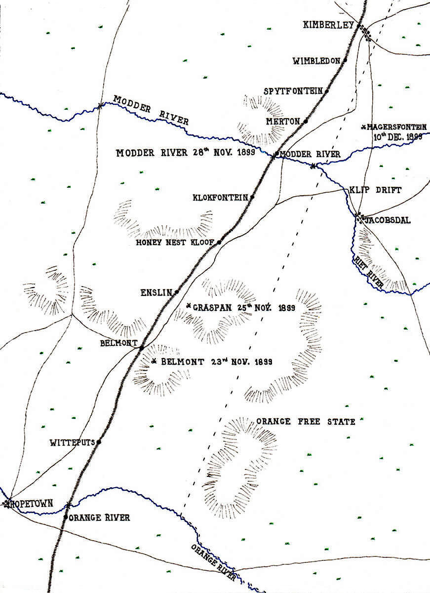 Map showing the area of Lord Methuen’s operations from the Orange River to the Battle of Magersfontein on 10th December 1899 in the Boer War: map by John Fawkes