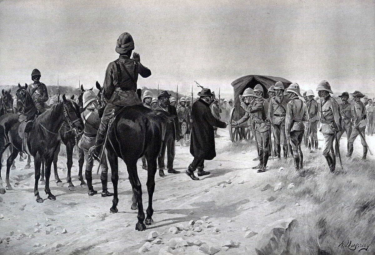 Piet Cronje, Boer Commander, surrenders to Lord Roberts at the Battle of Paardeberg on 27th February 1900 in the Great Boer War: picture by Henri Dupray