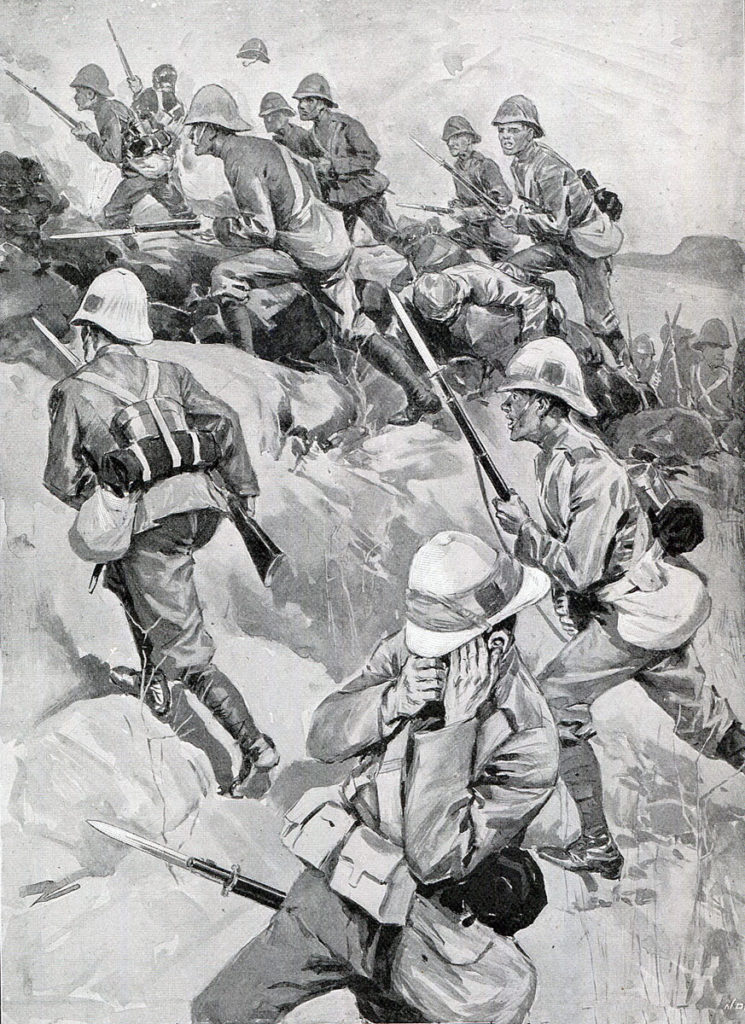 1st Durham Light Infantry storming Val Krantz: Battles of Val Krantz and Pieters 5th to 28th February 1900 in the Boer War: picture by Oscar Eckhardt