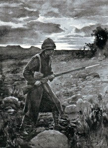 British soldier acting as a sentry in the Veldt: Battle of Graspan 25th November 1899 in the Great Boer War