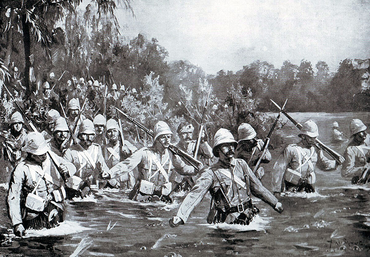 st Argyll and Sutherland Highlanders, the old 91st, crossing the Modder River at Rosmead during the battle on 28th November 1899 in the Boer War: picture by Allen Stewart
