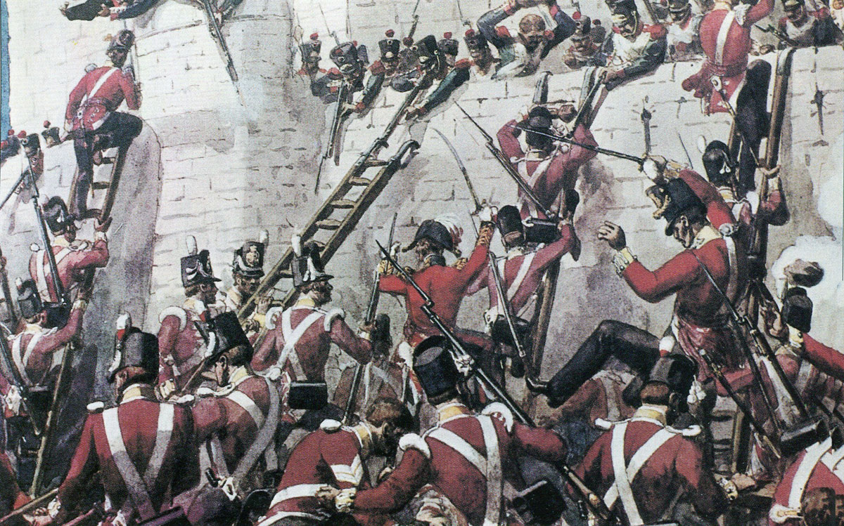 Escalade of the San Vincente Bastion by 2nd/30th Regiment at the Storming of Badajoz on 6th April 1812 in the Peninsular War: picture by Richard Simkin