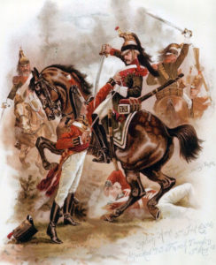 Captain Horne of 3rd Foot Guards attacked by French Dragoons in the Battle of Fuentes de Oñoro on 5th May 1811 in the Peninsular War: picture by Harry Payne