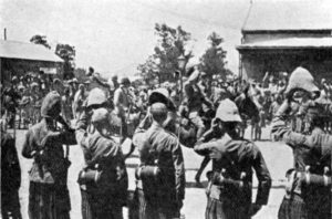 Gordon Highlanders cheering the Dublin Fusiliers of Buller's relieving army: Siege of Ladysmith, 2nd November 1899 to 27th February 1900 in the Great Boer War