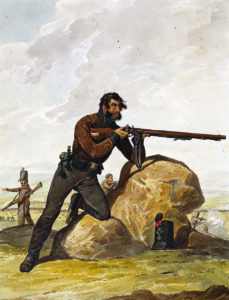 Portuguese Caçadores: Battle of Albuera on 16th May 1811 in the Peninsular War: picture by Denis Dighton