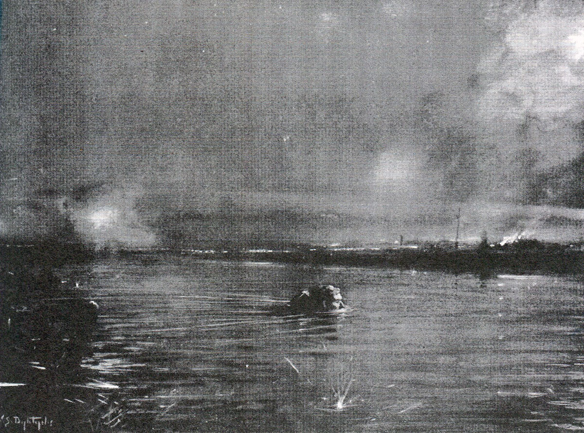Private Price of the 15th Hussars swimming the canal to warn of the impending German attack, winning the DCM: Battle of Landrecies on 25th August 1914 in the First World War