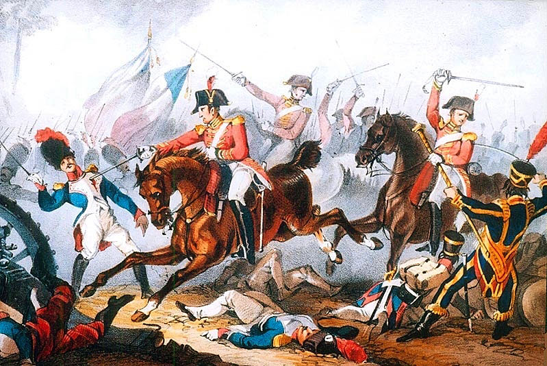 Charge of the 5th Dragoon Guards of Le Marchant's Brigade at the Battle of Salamanca on 22nd July 1812 during the Peninsular War, also known as the Battle of Los Arapiles or Les Arapiles