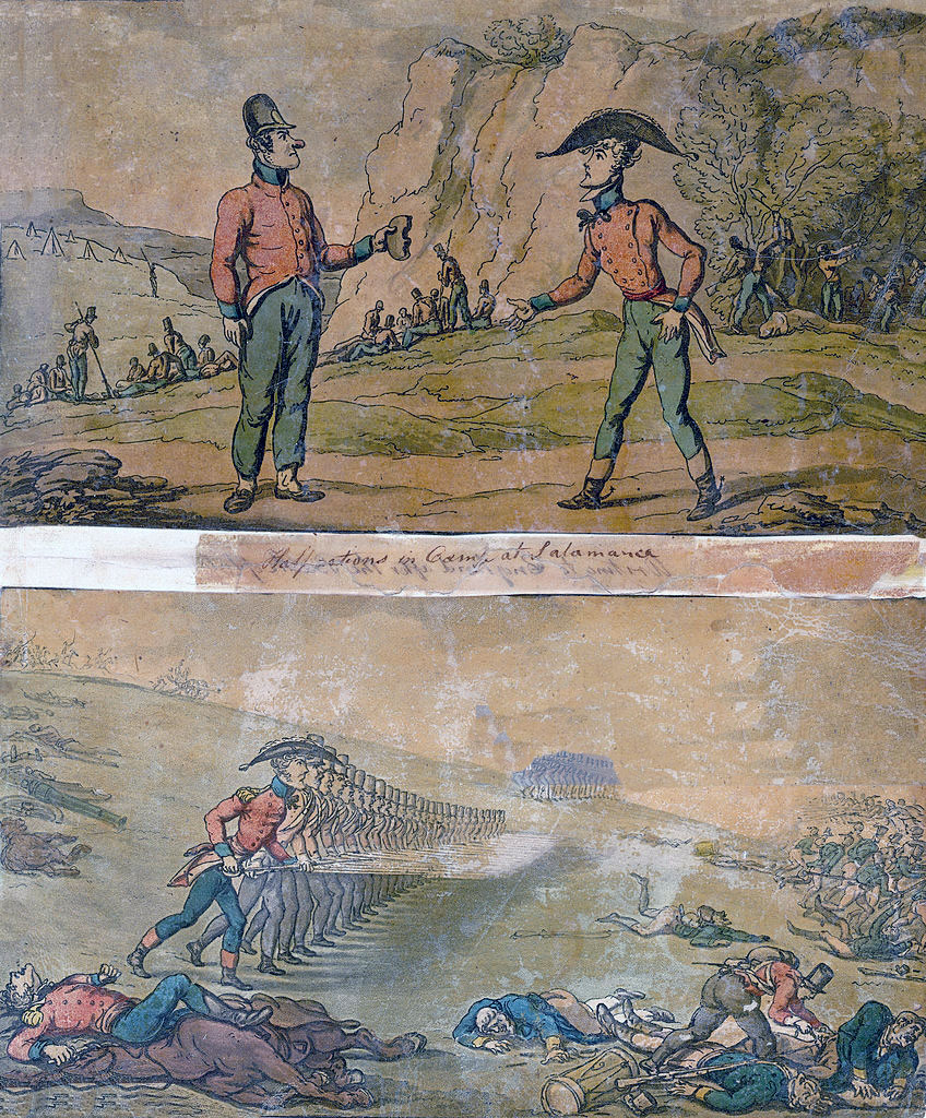 Contemporary cartoons of scenes at the Battle of Salamanca on 22nd July 1812 during the Peninsular War, also known as the Battle of Los Arapiles or Les Arapiles
