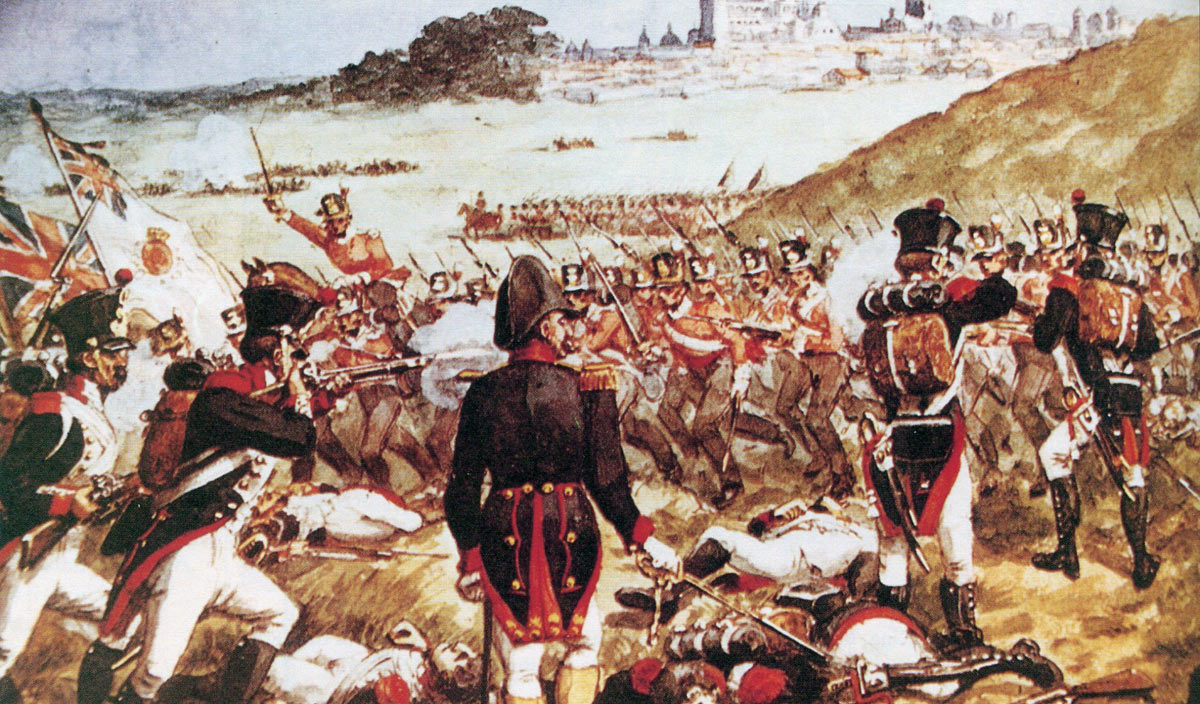 French infantry attacked by British infantry at the Battle of Salamanca on 22nd July 1812 during the Peninsular War: picture by Richard Simkin