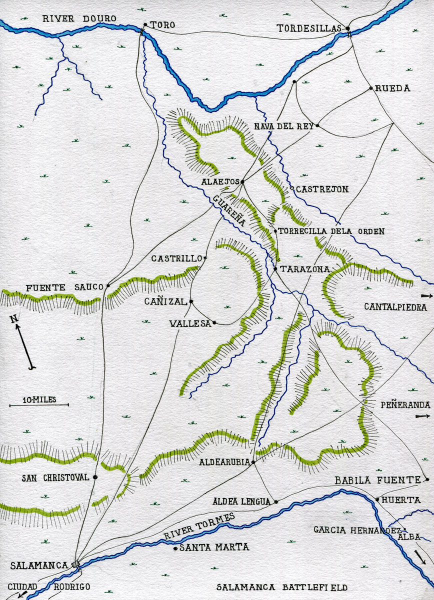 Map of the area of Spain between Salamanca on the River Tormes and Tordesillas on the River Douro: Battle of Salamanca on 22nd July 1812 during the Peninsular War, also known as the Battle of Los Arapiles or Les Arapiles: map by John Fawkes