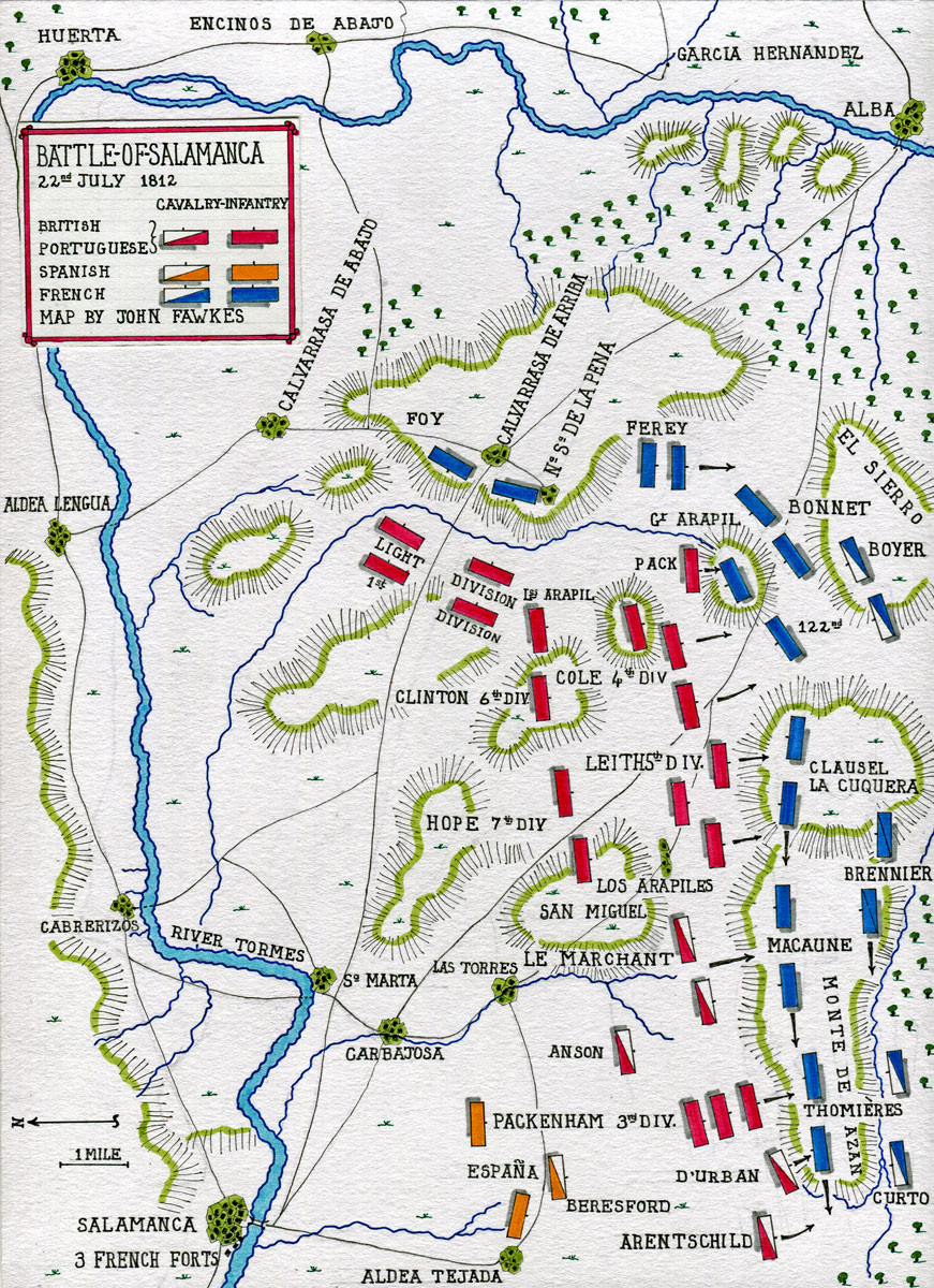 Map of the Battle of Salamanca on 22nd July 1812 during the Peninsular War, also known as the Battle of Los Arapiles or Les Arapiles: map by John Fawkes