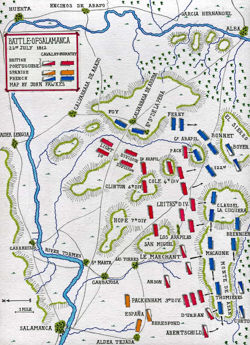 Map of the Battle of Salamanca on 22nd July 1812 during the Peninsular War, also known as the Battle of Los Arapiles or Les Arapiles: map by John Fawkes