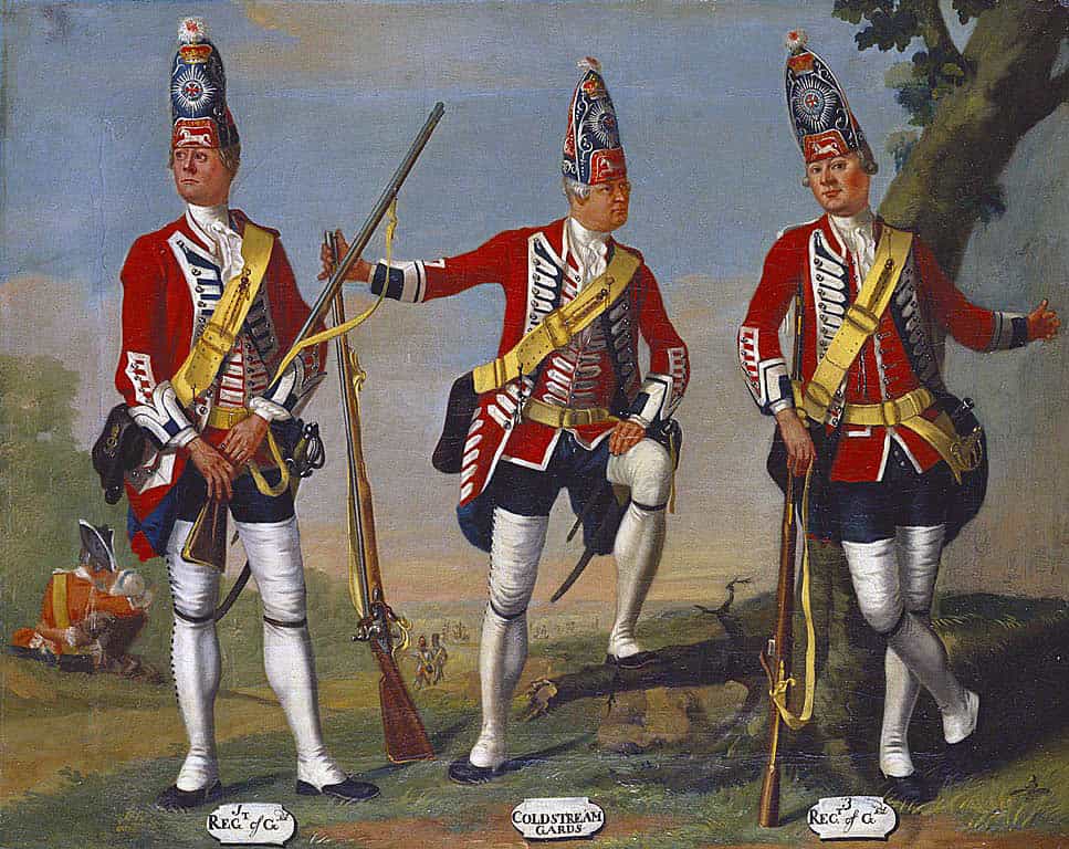 Grenadiers of the 1st, Coldstream and 3rd Foot Guards in1751: picture by David Morier: Death of General Edward Braddock on the Monongahela River on 9th July 1755 in the French and Indian War