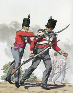 Officer and soldier of the 52nd Light Infantry: Battle of San Millan and Osma on 18th June 1813 in the Peninsular War: picture by Hamilton Smith