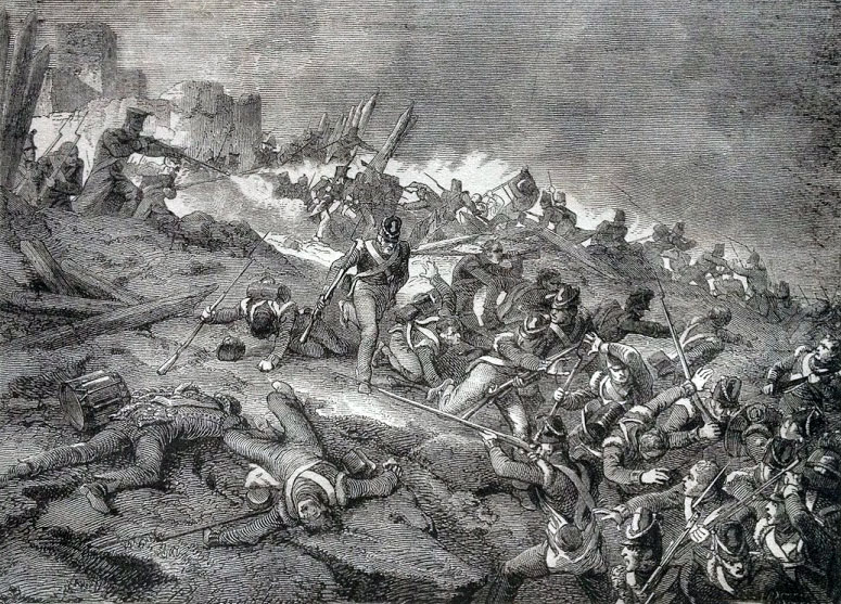 French drive back a British assault during the Attack on Burgos Castle between 19th September and 25th October 1812 in the Peninsular War