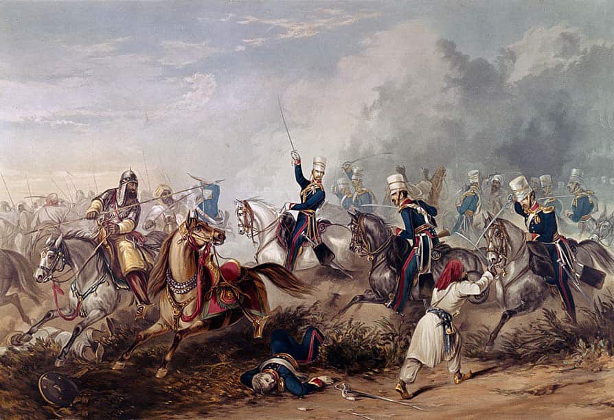 Captain Unett leading the ‘Greys’ Squadron of the 3rd King’s Own Light Dragoons at the Battle of Chillianwallah on 13th January 1849 during the Second Sikh War