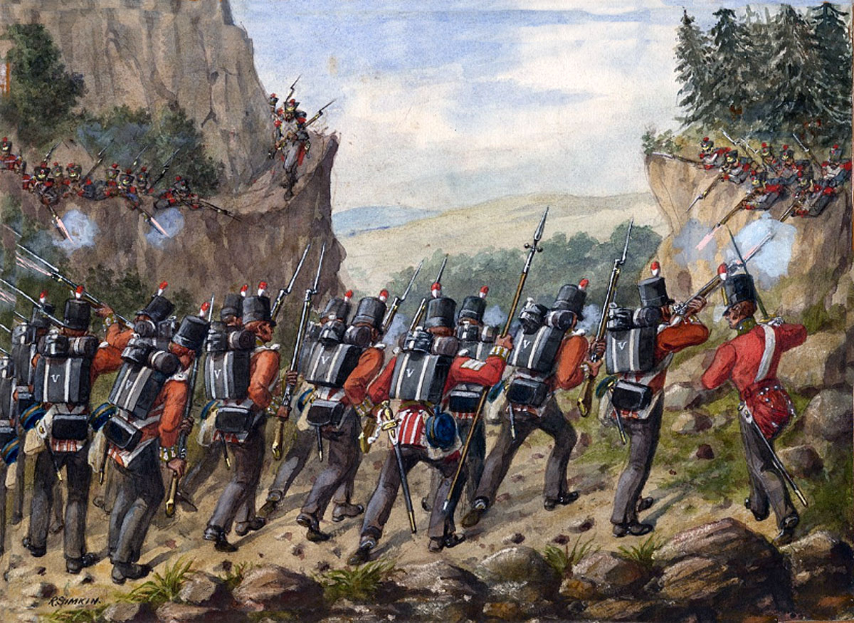 British troops in action in the mountains: Battle of San Millan and Osma on 18th June 1813 in the Peninsular War: picture by Richard Simkin