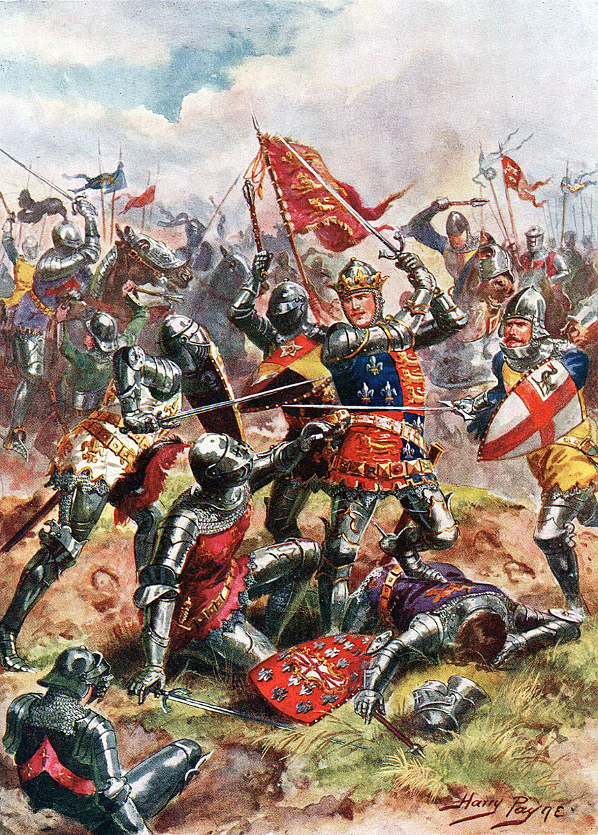 King Henry V at the Battle of Agincourt on 25th October 1415 in the Hundred Years War: picture by Harry Payne