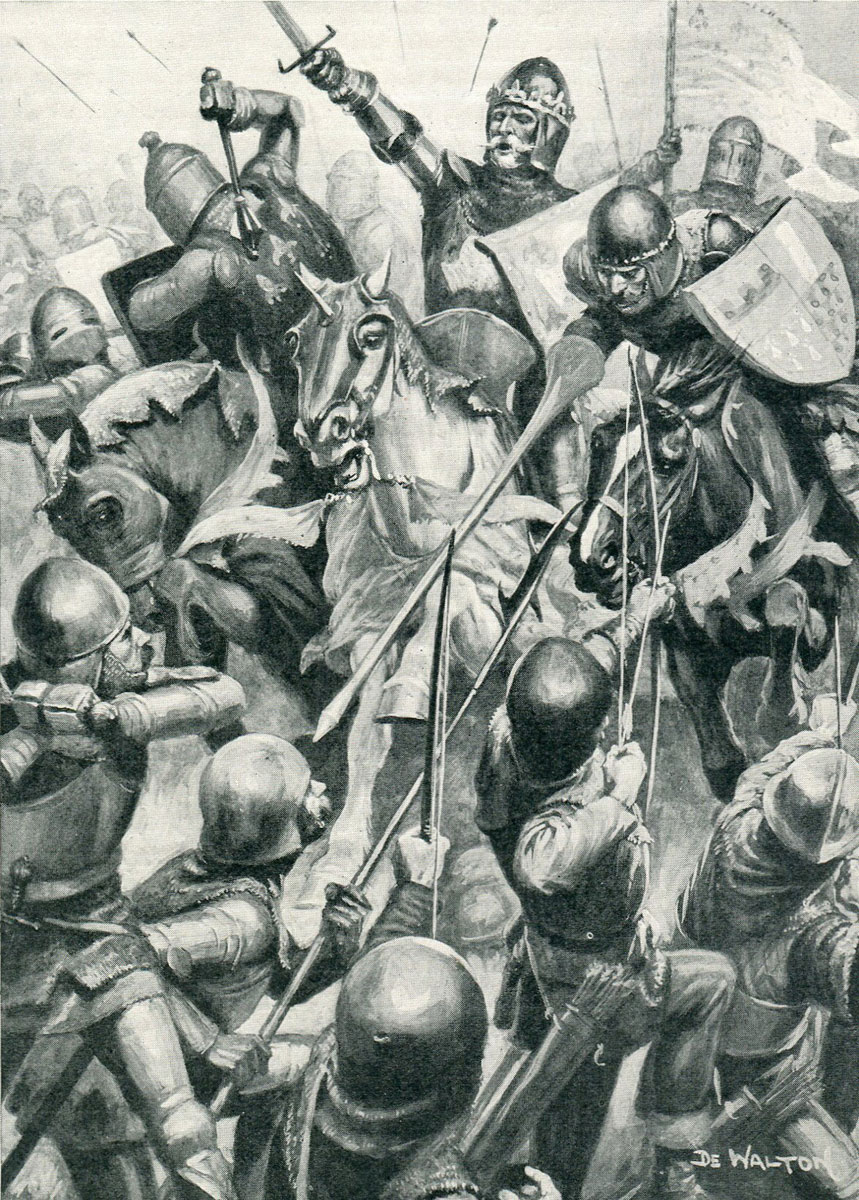 Blind King John of Bohemia at the Battle of Creçy on 26th August 1346 in the Hundred Years War: print by DE Walton