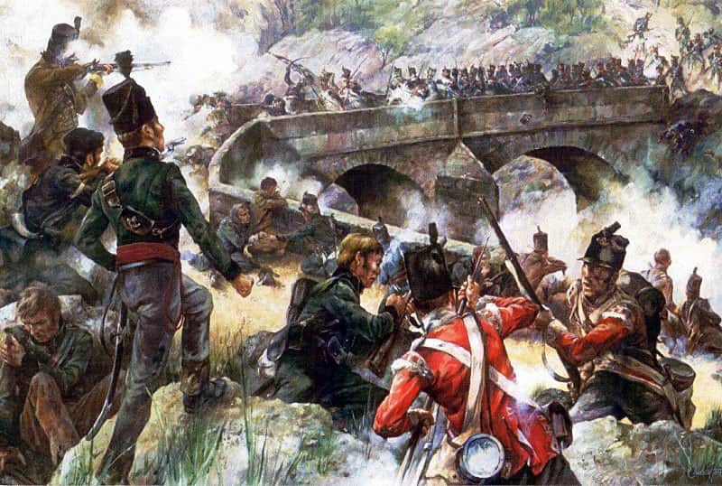 British 47th Regiment and 95th Rifles defending the bridge at Puenta Larga on 30th October 1812 during the Peninsular War