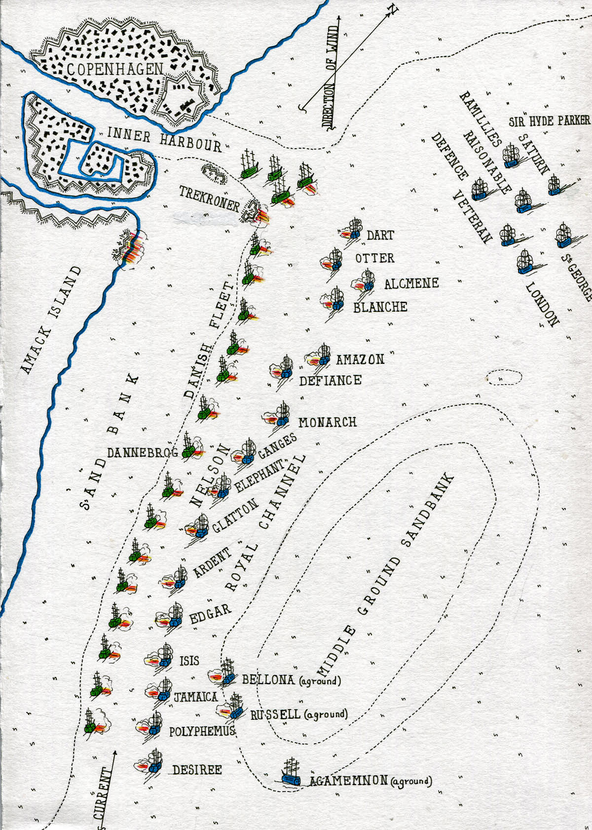 Map of the the Battle of Copenhagen on 2nd April 1801 in the Napoleonic Wars: map by John Fawkes