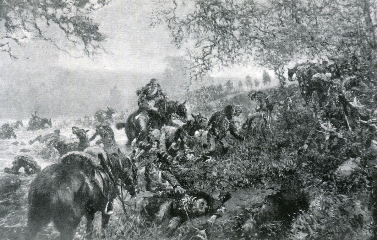 British Cavalry and Infantry crossing the River Esla on 31st May 1813: Battle of Morales de Toro on 2nd June 1813 during the Peninsular War