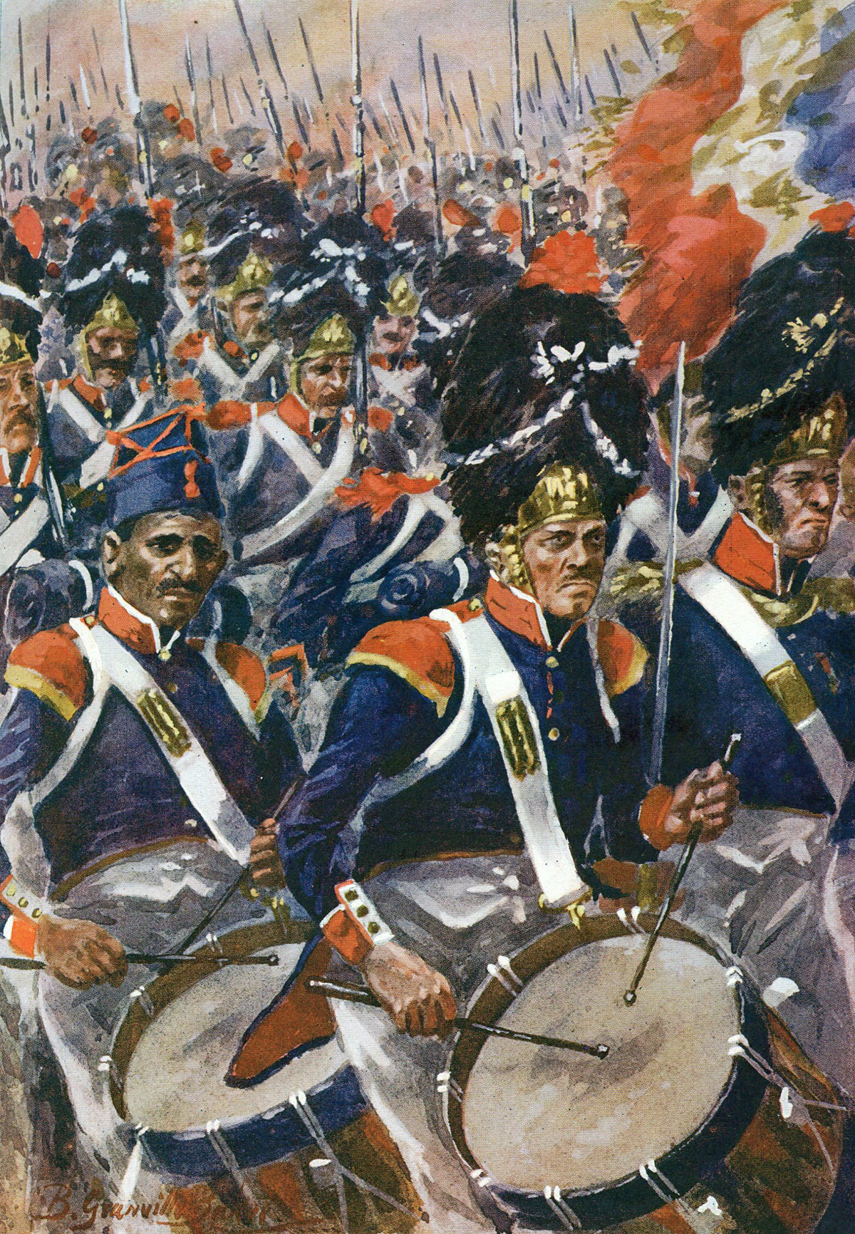 French infantry column attacking at the Battle of Barossa on 5th March 1811 in the Peninsular War: picture by R. Granville Baker