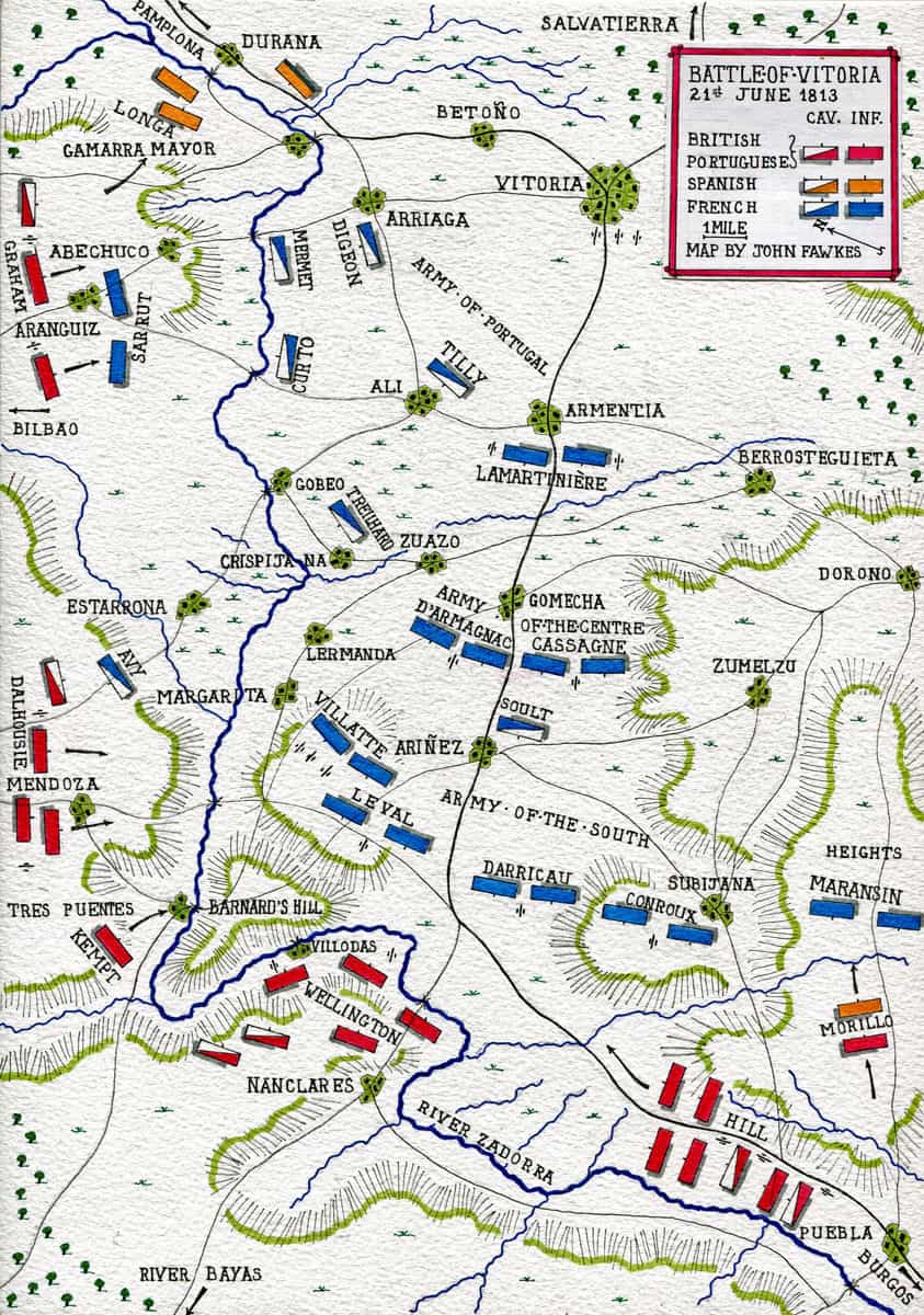 Map of the Battle of Vitoria on 21st June 1813 during the Peninsular War: map by John Fawkes