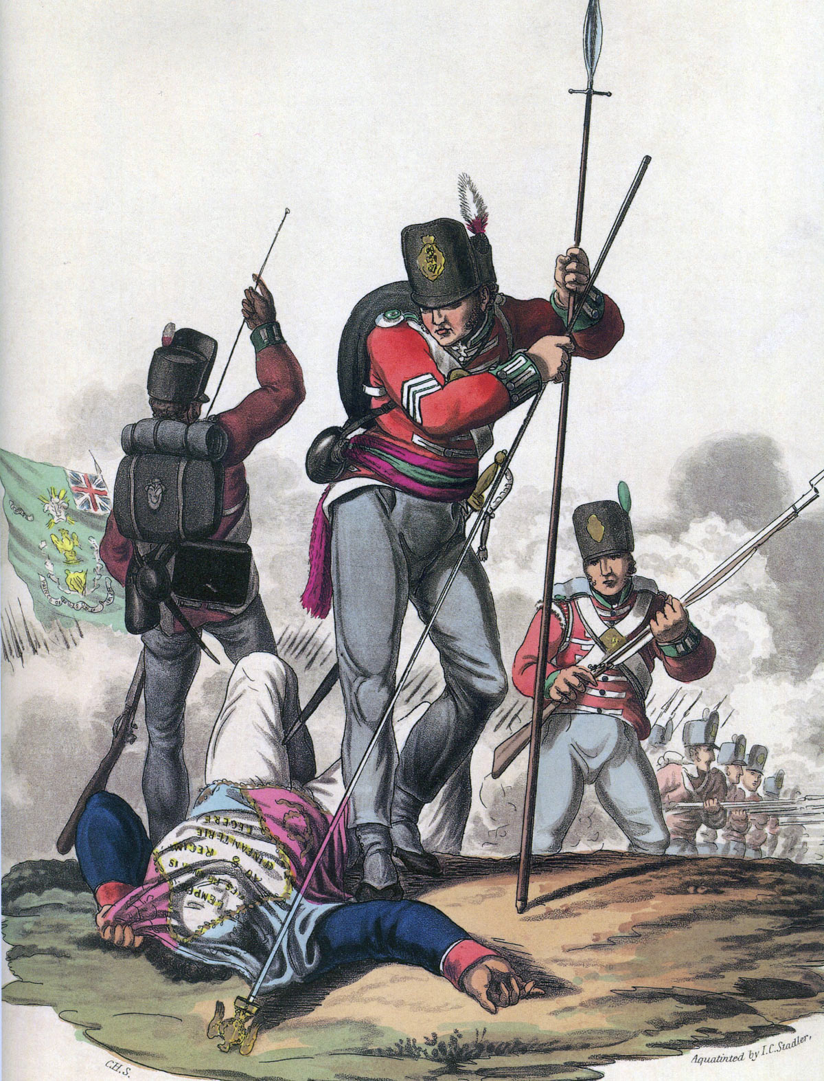 Sergeant Masterson of the 87th Foot capturing the first French eagle taken in war by the British: Battle of Barossa on 5th March 1811 in the Peninsular War: picture by Charles Hamilton Smith