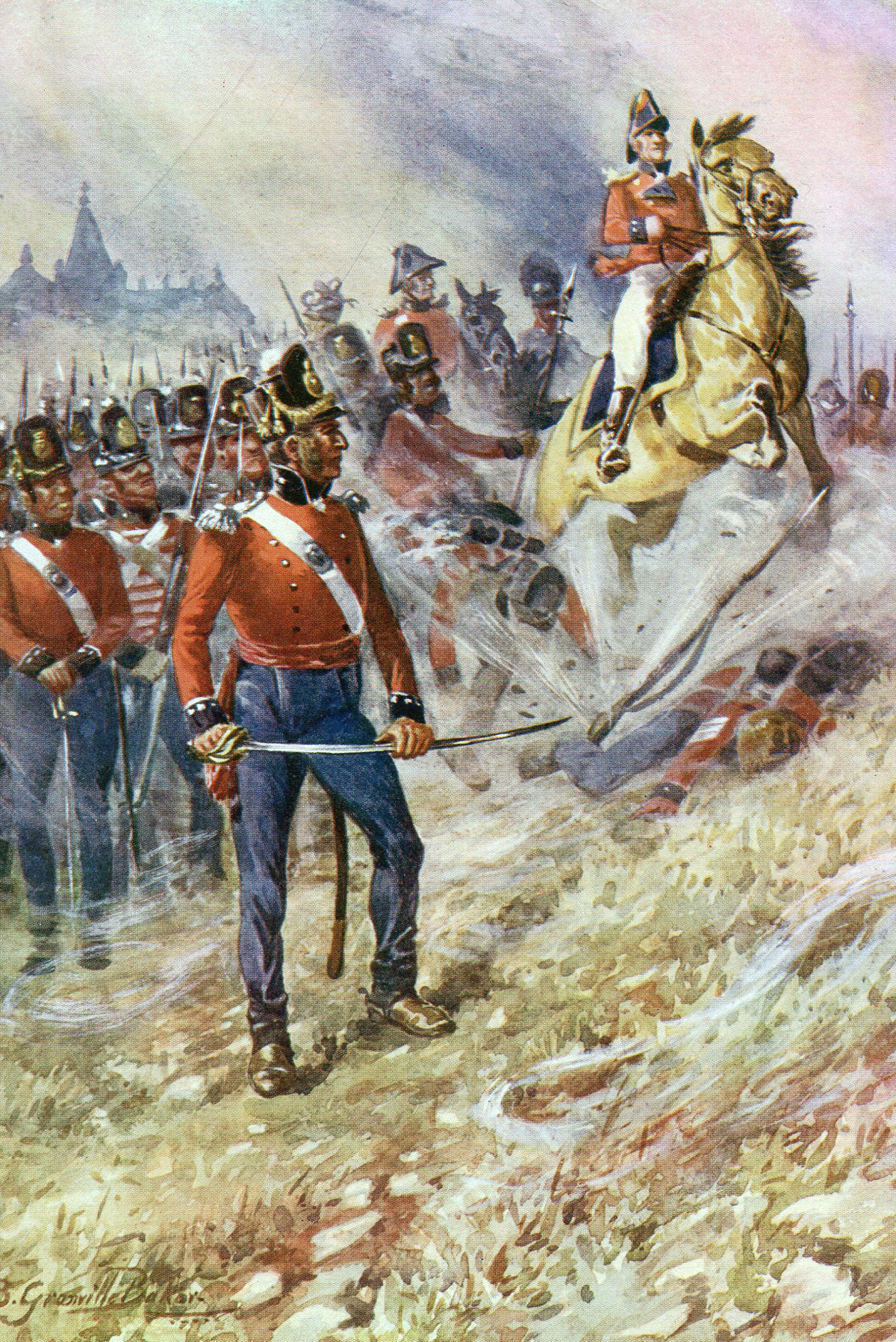 Sir John Moore and the British army at the Battle of Corunna on 16th January 1809 in the Peninsular War: picture by R. Granville Baker