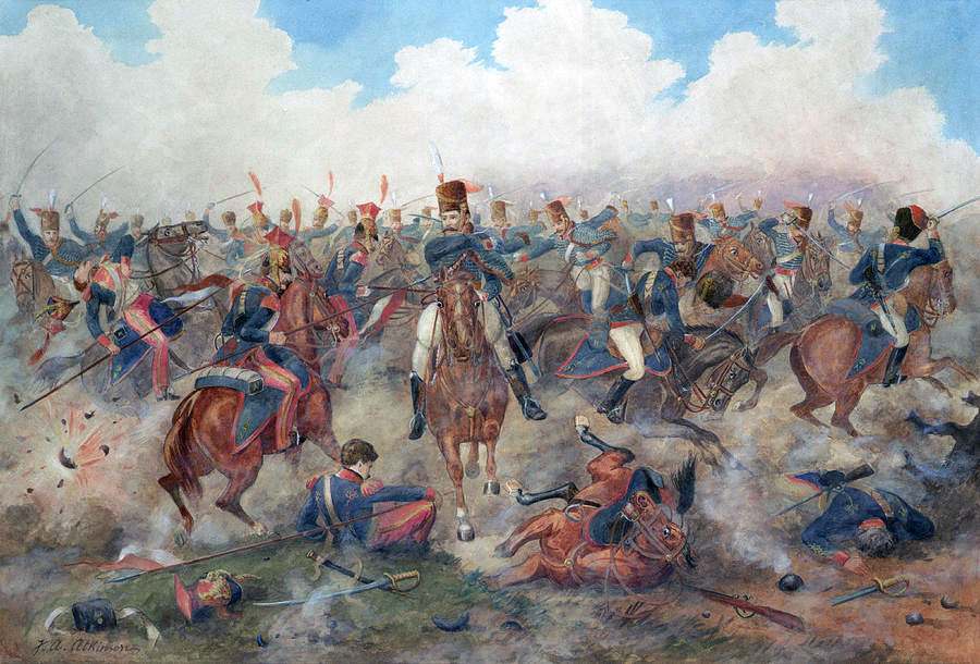 British Hussar Brigade repels Digeon's Division at the Battle of Vitoria on 21st June 1813 during the Peninsular War: picture by John Augustus Atkinson