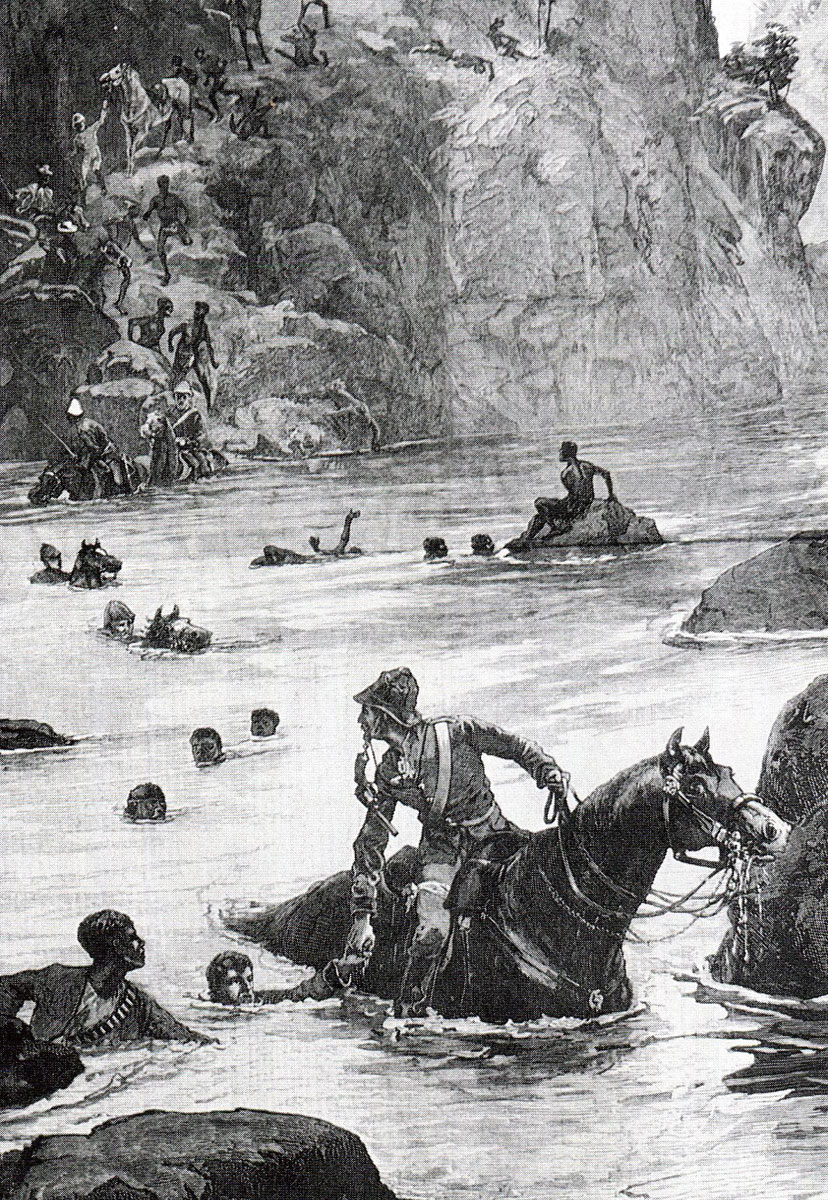 British troops escaping across the Buffalo River after the Battle of Isandlwana on 22nd January 1879 in the Zulu War