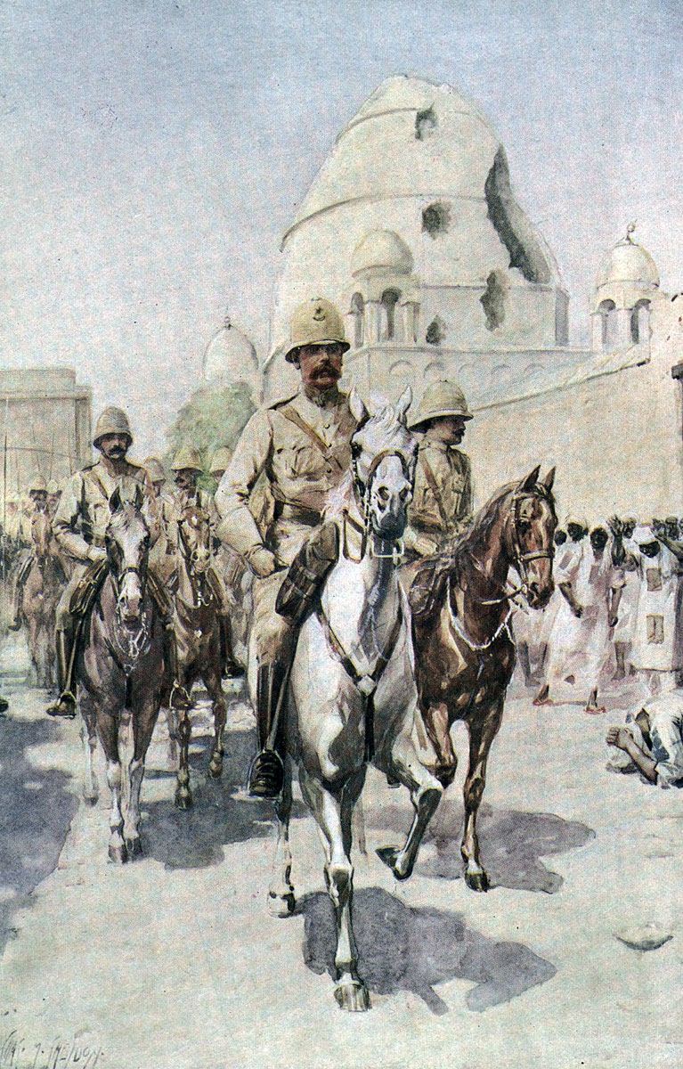 Kitchener enters Omdurman, passing the damaged Mahdi's Tomb, after the Battle of Omdurman on 2nd September 1898 in the Sudanese War