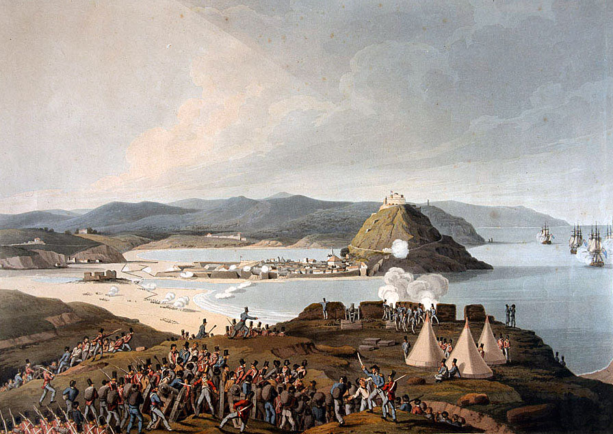 British Batteries on the Chofre sand-hills firing on San Sebastian in the Storming of San Sebastian between 11th July and 9th September 1813 in the Peninsular War