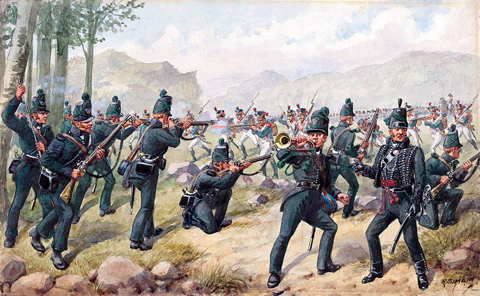95th Rifles in the Battle of the Pyrenees fought between 25th July and 2nd August 1813 in the western Pyrenees Mountains, during the Peninsular War: picture by Richard Simkin