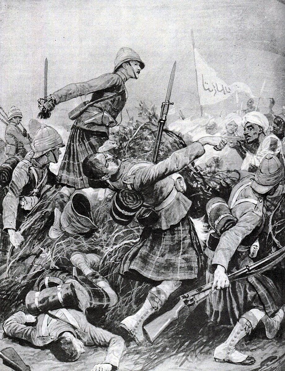 Seaforth Highlanders storming the Dervish zeriba at the Battle of Atbara on 8th April 1898 in the Sudanese War: print by Richard Caton Woodville