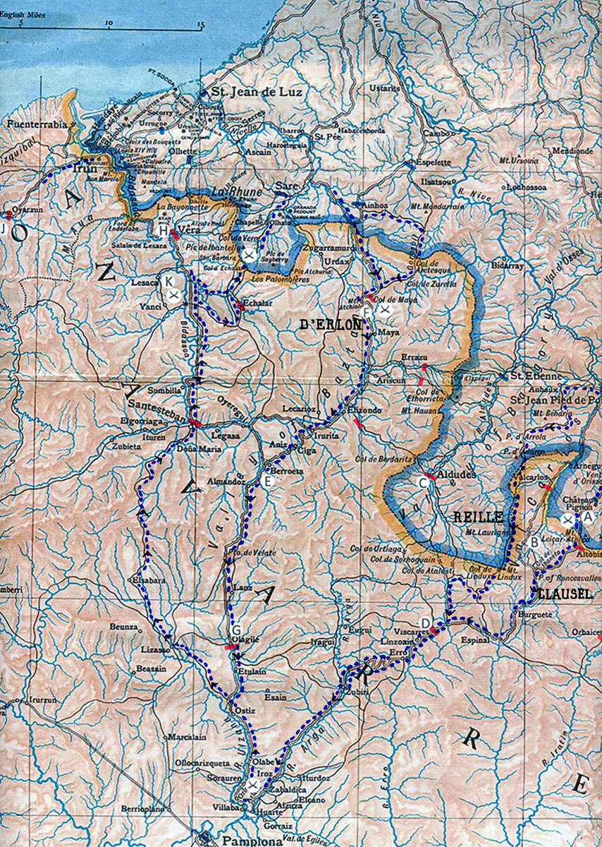 Map of the area between Pamplona, Sr Jean de Luz and St Jean pied de Port: Battle of the Pyrenees fought between 25th July and 2nd August 1813 in the western Pyrenees Mountains, during the Peninsular War: A to K mark the positions of the components of Wellington's army. The battle sites are marked by crossed swords. French routes are shown by dotted blue lines.