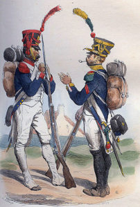 Grenadierand Voltigeur of a French Line Regiment: Battle of the Pyrenees fought between 25th July and 2nd August 1813 in the western Pyrenees Mountains, during the Peninsular War: picture by Bellangé