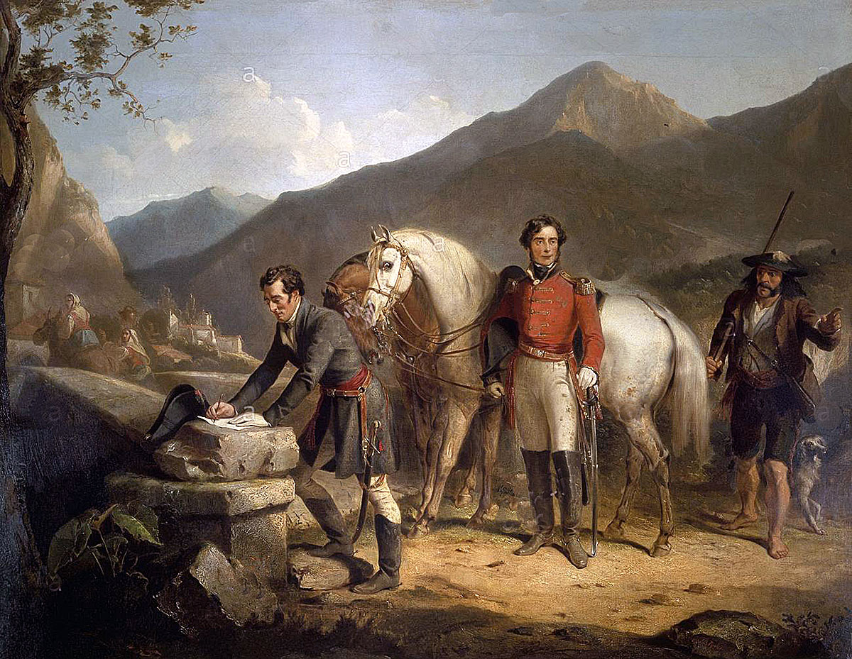 Wellington and Somerset at the Bridge in Sorauren on 27th July 1813: Battle of the Pyrenees fought between 25th July and 2nd August 1813 in the western Pyrenees Mountains, during the Peninsular War: picture by Thomas Jones Barker