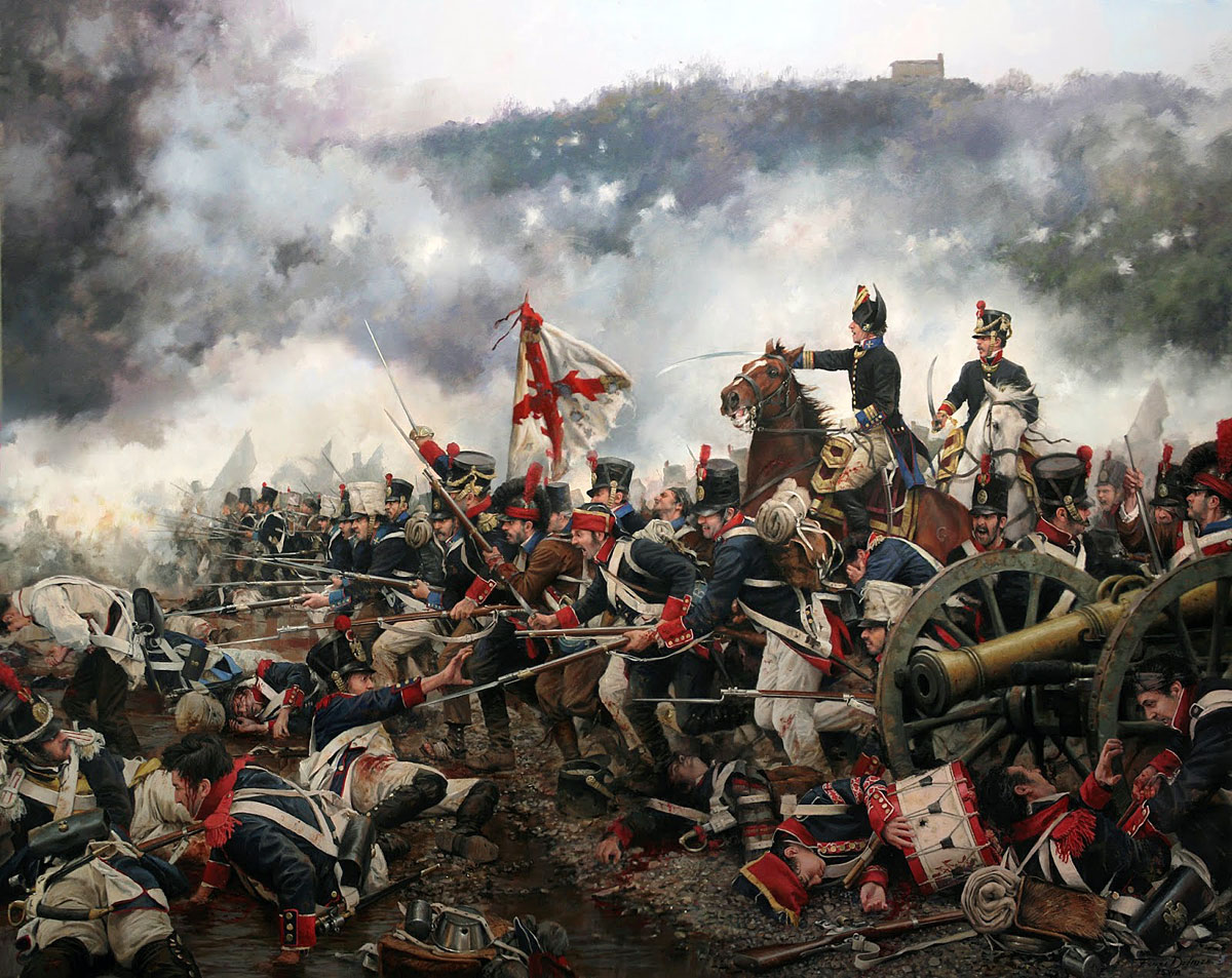 Spanish troops defending Mount San Marcial at the Battle of San Marcial on 31st August 1813 in the Peninsular War: picture by Augusto Ferrer Dalmau