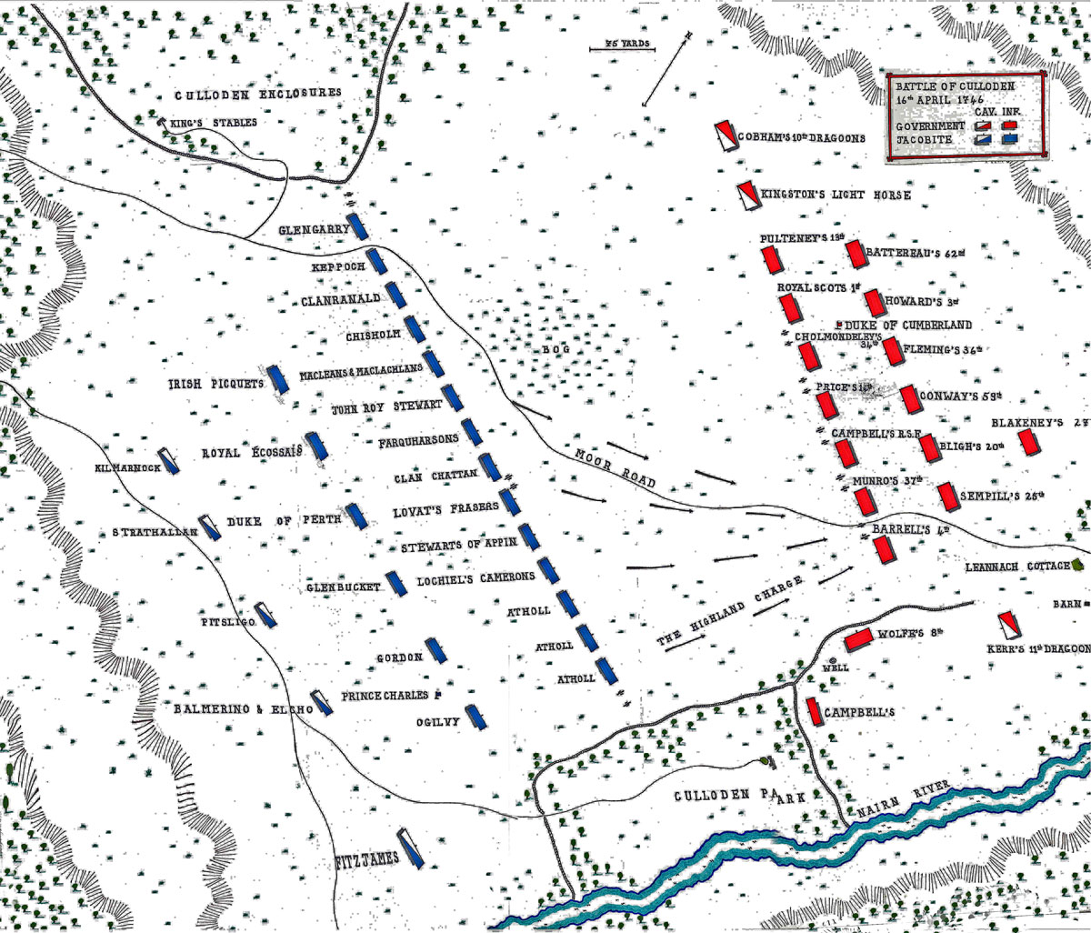 Map of the Battle of Culloden 16th April 1746 in the Jacobite Rebellion: map by John Fawkes