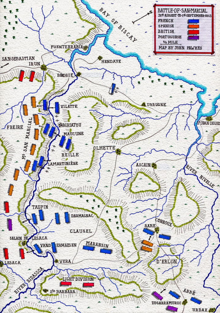 Map of Battle of San Marcial 31st August-1st September 1813 in the Peninsular War: map by John Fawkes