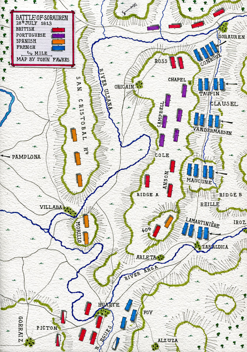 Battle of Sorauren on 28th July 1813: Battle of the Pyrenees fought between 25th July and 2nd August 1813 in the western Pyrenees Mountains, during the Peninsular War: map by John Fawkes