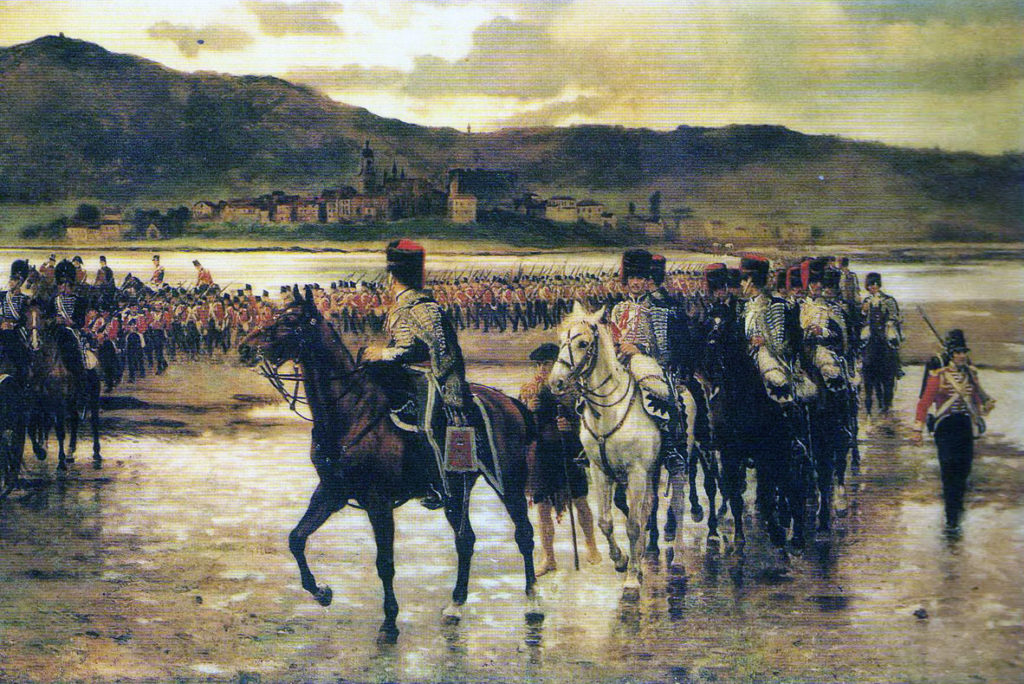 British column crossing the Bidassoa Estuary in the Battle of the Bidassoa on 7th October 1813 during the Peninsular War: picture by J.P. Beadle