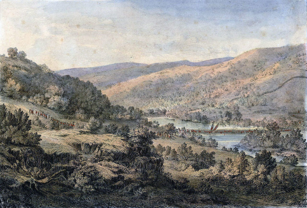 British Foot Guards crossing the Bidassoa River into France at the Battle of the Bidassoa on 7th October 1813 during the Peninsular War