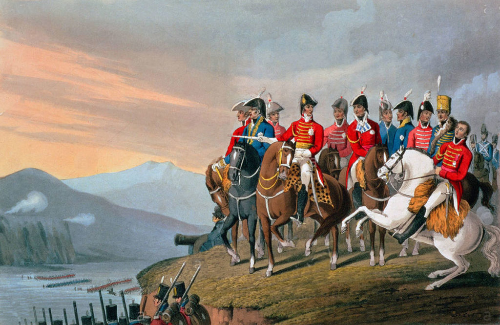 The Duke of Wellington and his staff crossing the Bidassoa River into France at the Battle of the Bidassoa on 7th October 1813 during the Peninsular War