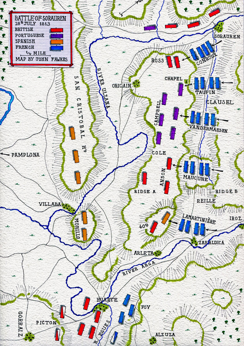 Battle of Sorauren on 28th July 1813: Battle of the Pyrenees fought between 25th July and 2nd August 1813 in the western Pyrenees Mountains, during the Peninsular War: map by John Fawkes