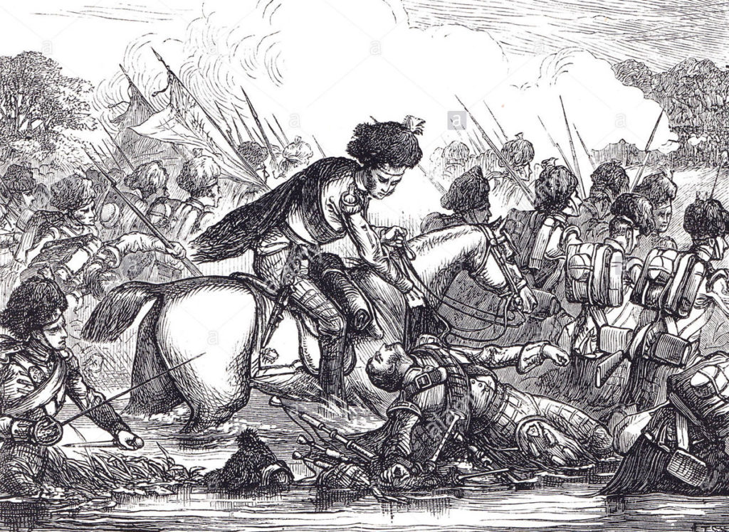 Colonel John Cameron and the 92nd Gordon Highlanders crossing the River Nive during the Battle of St Pierre fought on 13th December 1813 as part of the Battle of the Nive in the Peninsular War: Colonel Cameron is shown rescuing a wounded piper of the regiment